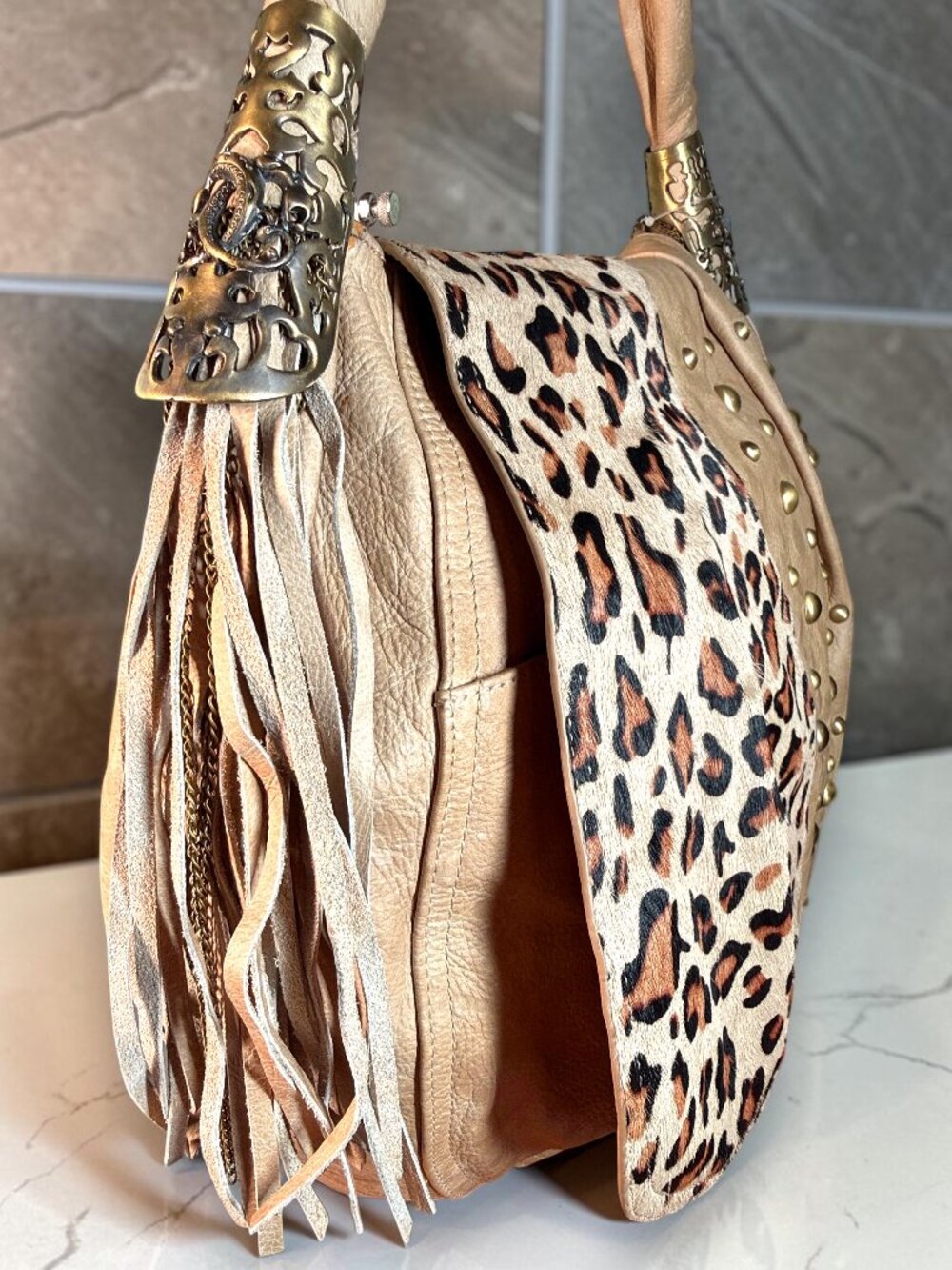 Sharif 1827 Vintage Legacy Leopard Haircalf Studded Sample Shoulder Bag NWT - Picture 4 of 15